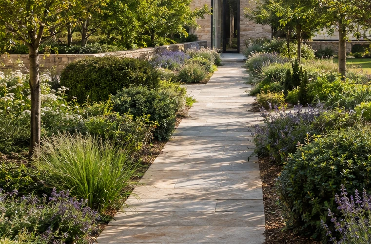 Natural stone garden path in a landscaped setting